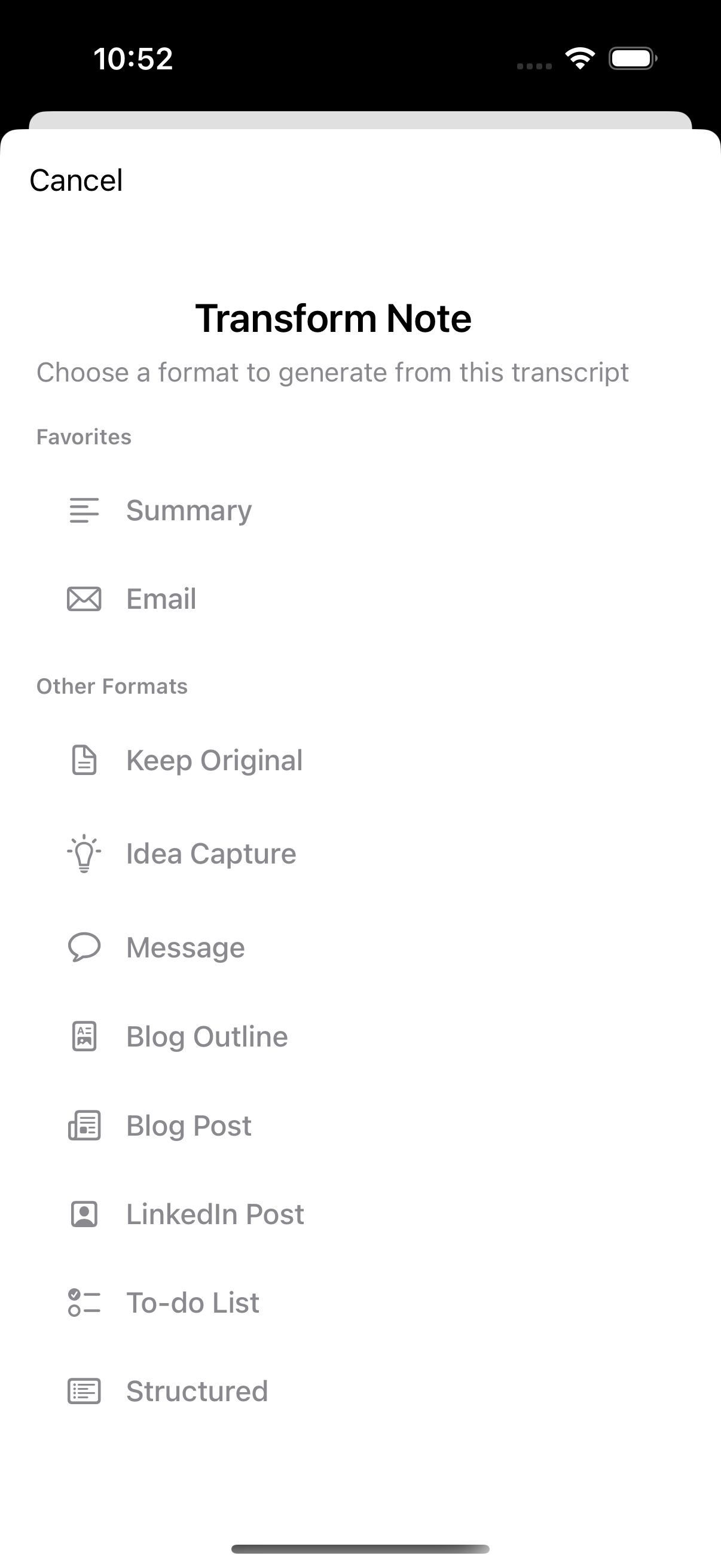Transform note modal showing output format options including blog, email, and to-do list
